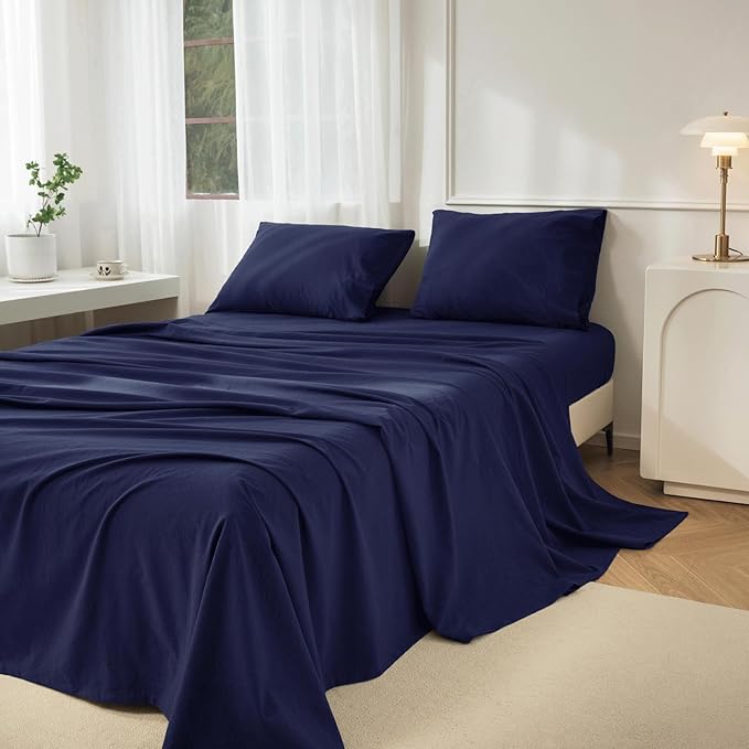 JIYUAN 100% Washed Cotton Sheet Set 4 Pieces Queen,1 Fitted Sheet,1 Flat Sheet and 2 Pillowcases,Comfy and Breathable Linen Like Bedding Set,Navy Blue