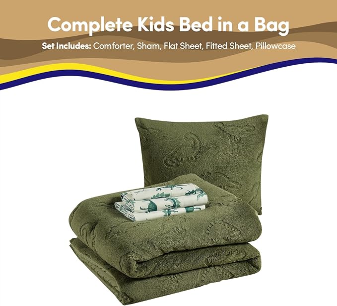 Twin Size Kids Comforter Set - Dinosaur Embossed Bedding Set Bed in a Bag for Boys and Girls Toddlers Sheet Set and Comforter, Dinosaur Embossed