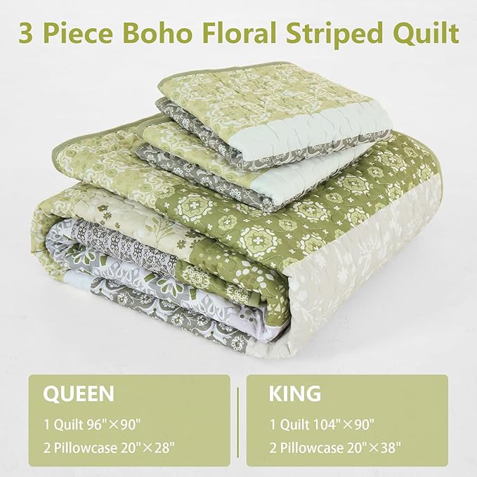 WONGS BEDDING Boho Quilt Set King Size,Olive Green Bohemian Striped Patchwork Bedspread Coverlet Set,3 Pieces Microfiber Bedding Set for All Seasons (104"×90")