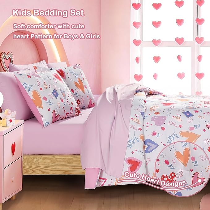 Full Comforter Set for Girls Kids - 7 Pieces Heart Full Size Bedding Sets for Kids, Soft Cozy Bed in A Bag with Sheets