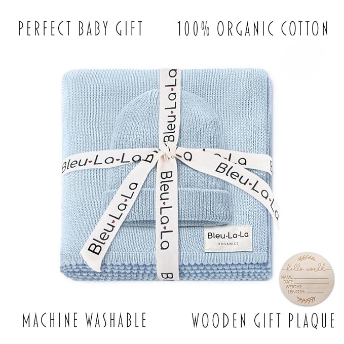 Baby Gift Set - Organic Cotton Newborn Blanket Essentials, Thoughtful Baby Shower & New Baby Gift for Boys & Girls (Luxe - Sky Blue)