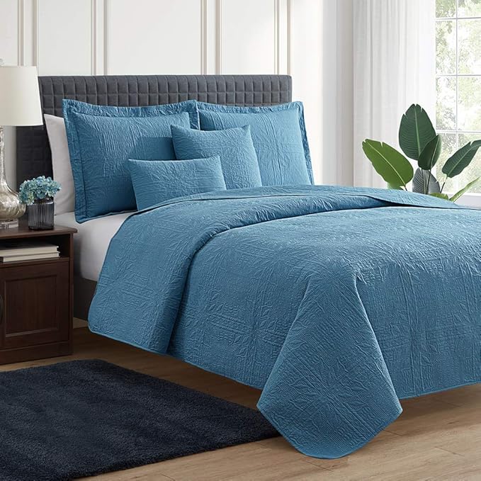 Hearth & Harbor Quilts Queen Size - All Season Bedspread Coverlet Set, Pinsonic Weave Lightweight Bedding Set - 5 Piece Queen Quilt Set with Pillow Shams, Grid - Blue Heaven
