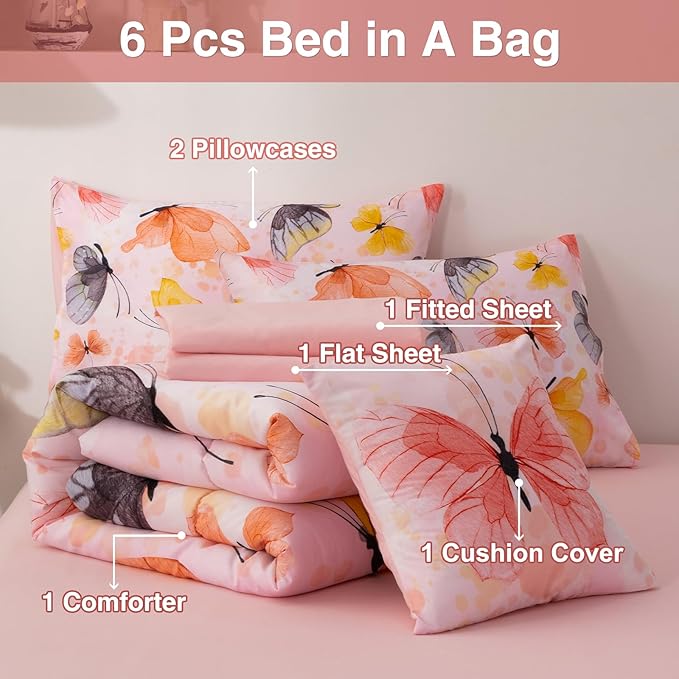 A Nice Night 6pcs Bed in A Bag Watercolor Ink Wash Tie-Dye Butterfly Printed, Butterflies Bedding Comforter Set, Orange Twin