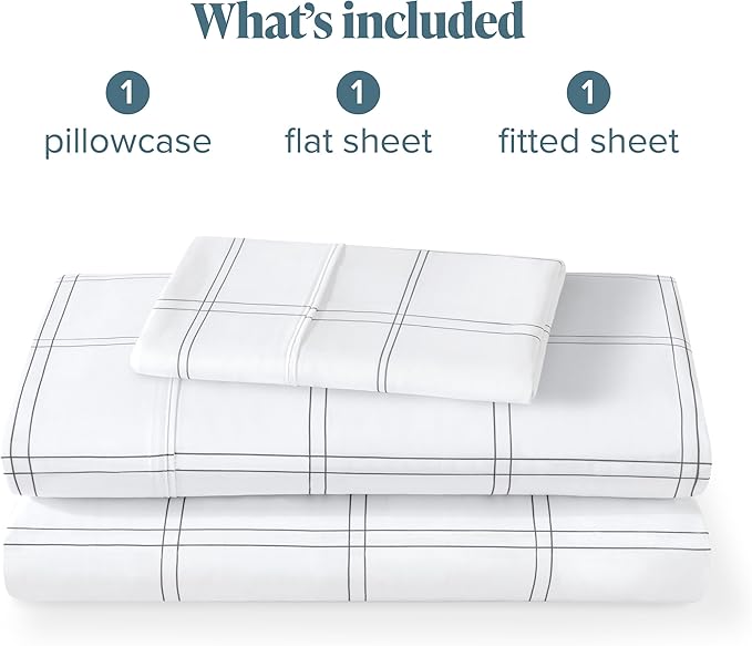 Bare Home Twin XL Sheet Set - College Dorm Size - 1800 Ultra-Soft Microfiber - Deep Pockets - Easy Fit - 3 Piece Set - Bed Sheets (Twin XL, Modern Plaid - White/Grey)