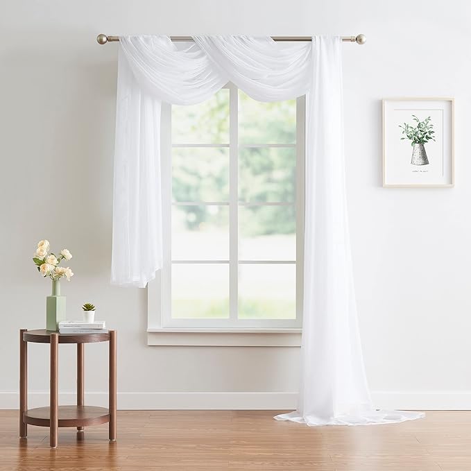 Warm Home Designs Double Window Scarves Bundle. Each Window Scarf Valance is 55" x 360". Great for Light Room Decor, as Canopy Bed Curtains or Draping Fabric. AS White & White 360"