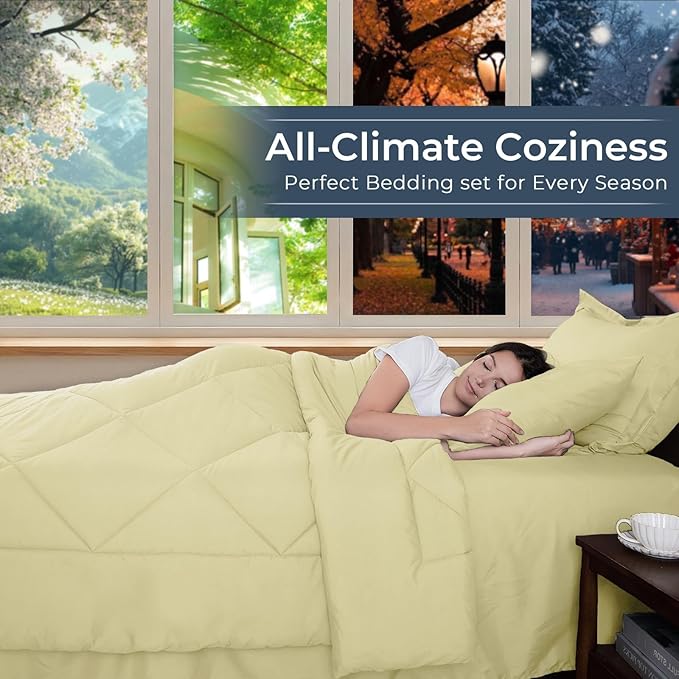 HEVUMYI Cream Yellow Twin-XL Comforter Set - 5-Piece All Season Bed in a Bag Twin-XL, Ultra Soft Bedding Set with Comforter, Flat Sheet, Fitted Sheet, Pillowcases, Pillow Shams