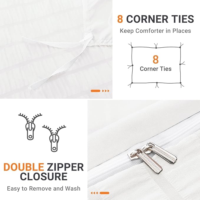 HYMOKEGE White Duvet Cover Queen Size, Ultra Soft 3-Piece Seersucker Duvet Cover Set with Zipper Closure, Soft Brushed Microfiber Bedding Set with 8 Corner Ties (90"x90", 2 Pillowshams)