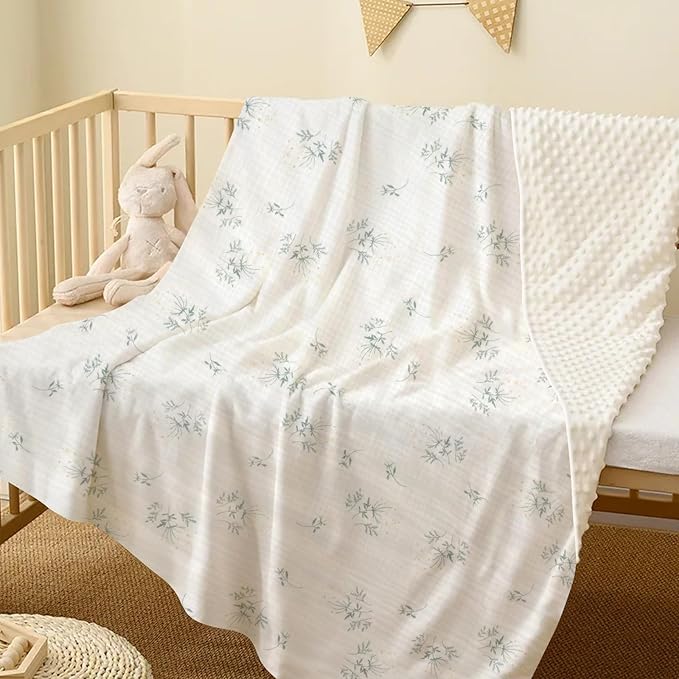 Cotton Muslin Front Fluffy-Backed Baby Swaddle Blankets Double Layer Nursery Plush Dotted Fleece Back Receiving Bed Quilt Blanket for Unisex Newborn Toddler Boys Girls 30 x 41 Inches
