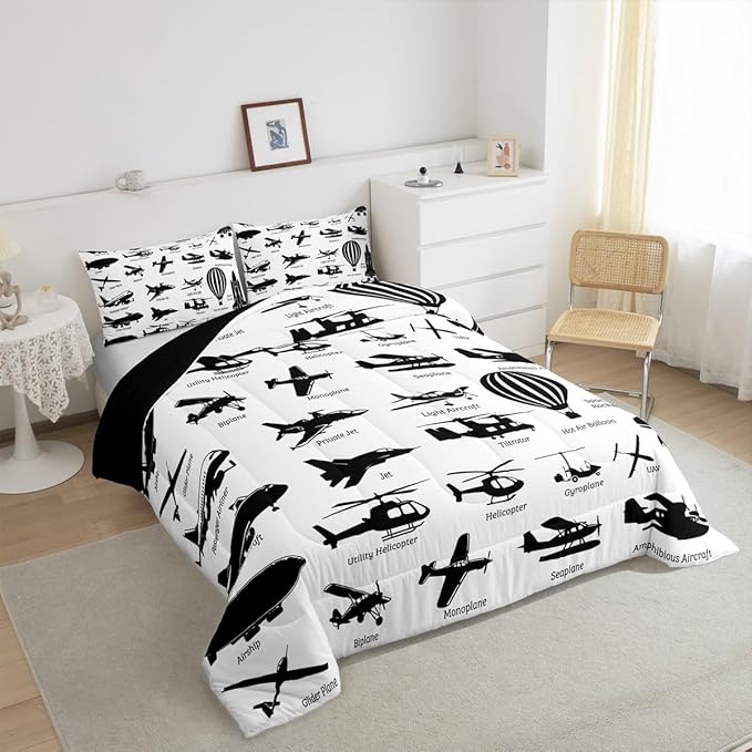 Erosebridal Airplane Comforter Set Full,Black White Airplanes Bedding Set Space Rocket Aircraft Down Comforter for Boys Kids Teens Room Decor,Helicopter Biplane Quilt Duvet Sets with 2 Pillow Cases