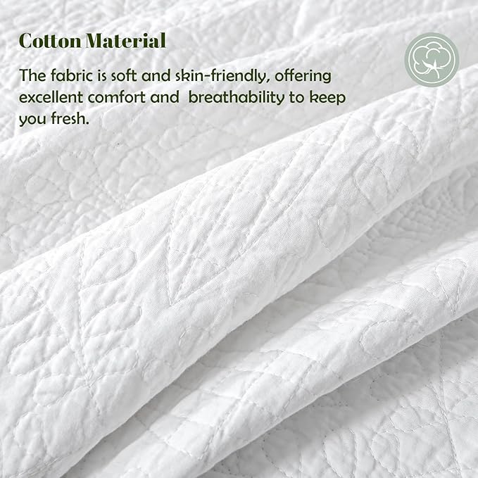 White 100% Cotton King Quilt Set, 3 Piece Modern Textured Bedspread with Coin Pattern, Lightweight Crinkly Coverlet Sham Set, Soft Minimalist All Season Bedding, Garment-Washed