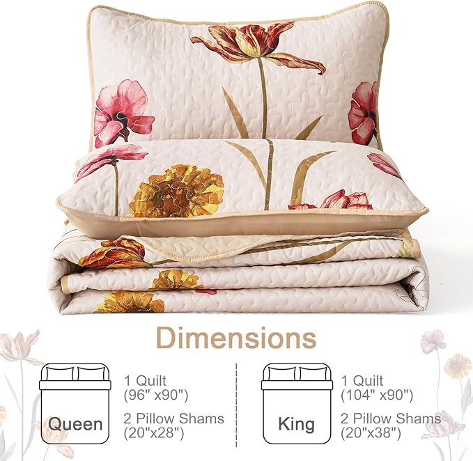 WONGS BEDDING Floral Quilt Set King Size, 3 Pieces Beige Farmhouse Bedspread Bedding Sets,Soft Lightweight Microfiber Spring Flower Coverlet Set for All Season (104"x90")