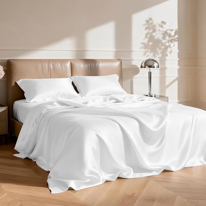 Love's cabin Twin XL Satin Sheet Sets - 3 Piece White Silky Bed Sheets with Deep Pockets, Luxury Silk Feel Satin Sheet Set Twin XL (1 Flat Sheet,1 Fitted Sheet,1 Pillow case)
