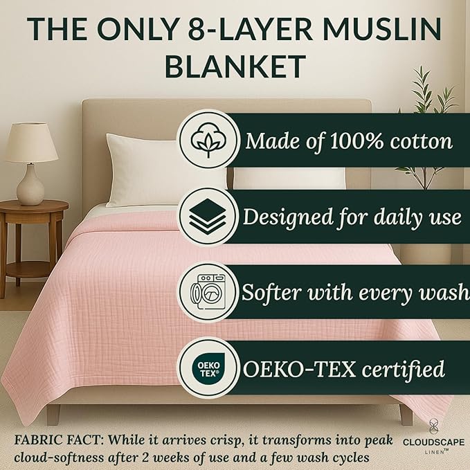 Cloud Scape Linen 8-Layer Muslin Blanket King Size for Adult - 100% Cotton, Breathable and Soft, Perfect Winter Cozy Blanket, Fits up to California King Bed, 92x108, Seashell Pink
