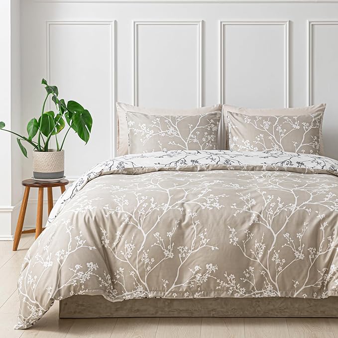Lekesky King Size Duvet Cover Set, Reversible Duvet Cover King with Branch Pattern, Lightweight Soft Microfiber Comforter Cover, 3 Pieces Khaki Bedding Set with Zipper and 2 Pillowcases