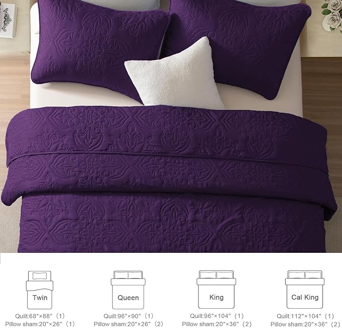 Whale Flotilla Soft King Quilt Bedding Set for All Seasons, Elegant Vintage Damask Ultrasonic Quilts Set, Lightweight Reversible Bedspread, Coverlet, Bed Cover with 2 Pillow Shams, Purple