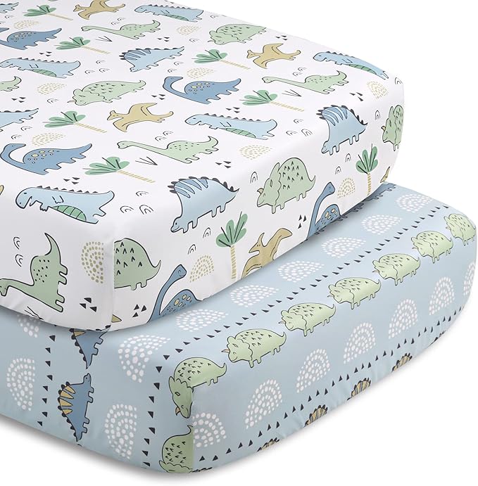 The Peanutshell 5 Piece Baby Crib Bedding Set for Boys - Newborn, Infant & Toddler Nursery Bed Set Decor with Fitted Crib Sheets, Blanket, Dust Ruffle Comforter - Blue Dino