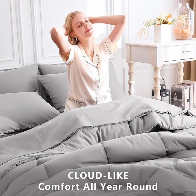 CozyLux Oversized Queen Comforter Sets French Grey, 7 Pieces Bed in a Bag, Ultra-Soft All Season Bedding Sets with Stitch Quilted Comforter, Flat Sheet, Fitted Sheet, Pillowcases, French Grey