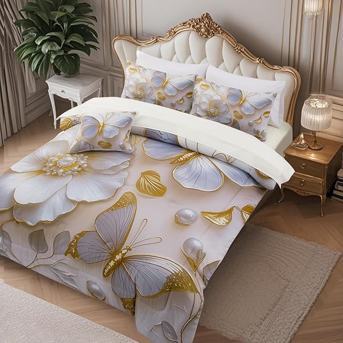 A Nice Night Full 6pcs Bed in A Bag Glod Dreamy 3D Butterfly Printed, Pearl Flower Design Butterflies Bedding Full Comforter Set, for Girls Kids Teens