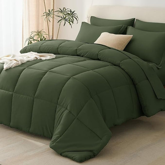 CozyLux Queen Comforter Set Olive Green - 7 Pieces Bed in a Bag Queen, All Season Breathable Bedding Sets,Oeko-Tex Certified Bed Set with Down Alternative Comforter, Sheets, Pillowcases & Pillow shams