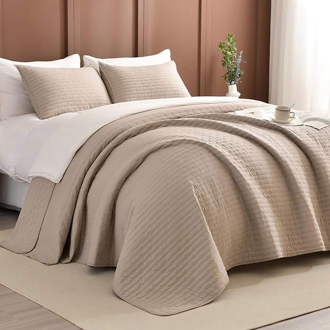 Lady Ann Cal King Bedspreads Set 118“x106”, Linen Feel King Size Quilt Set for Bed, Lightweight & Soft Farmhouse Coverlet All Season Quilted Bedding Sets 3Pcs (1 Soft Quilt and 2 Pillowshams)