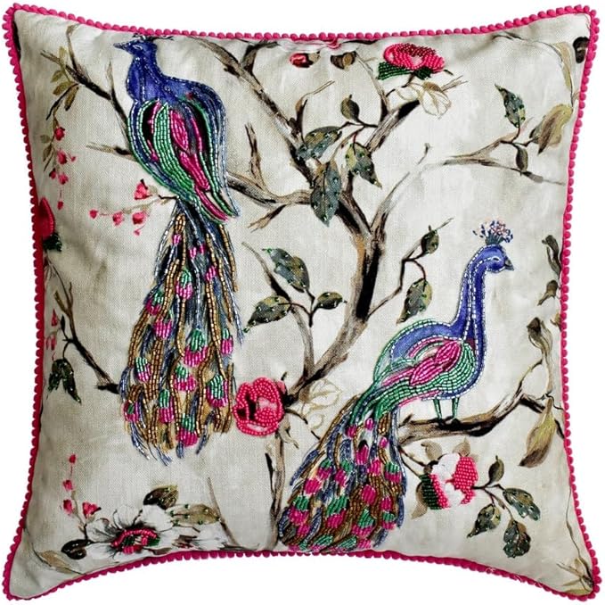 The HomeCentric King/Queen/Twin Pink & Purple Luxury CA King 86"x18" Bed Runner Without Pillow Cover, Peacock, Beaded, Pom Pom Lace Bed Scarf on Cotton Fabric - Pavo Paradiso