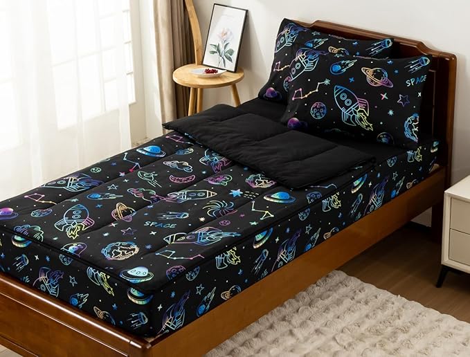 Meeting Story 3pcs Kids Comforter Set Zipper Bedding Set for Boys,Twin Kid Comforter Set Space Bedding Set for Kid,All in one Zipper Bedding（Blackgreen,Twin）