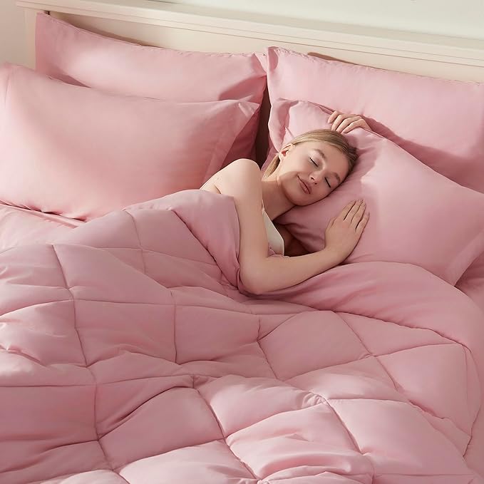 ELNIDO QUEEN® Full Size Comforter Set - 7 Pieces Bed in a Bag Full, Bed Set for All Seasons, Ultra Soft Blush Pink Bedding Sets with Comforter, Flat Sheet, Fitted Sheet, Pillowcases and Pillow Shams