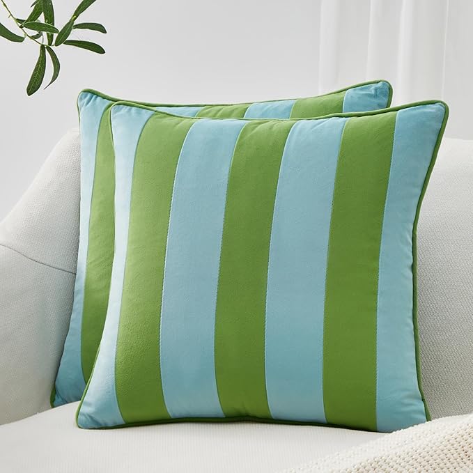 MONDAY MOOSE Decorative Throw Pillow Covers Cushion Cases, Set of 2 Soft Velvet Striped Piping Edge Designs, Pillow Inserts Not Included (16x16 inch, Light Green/Light Blue)