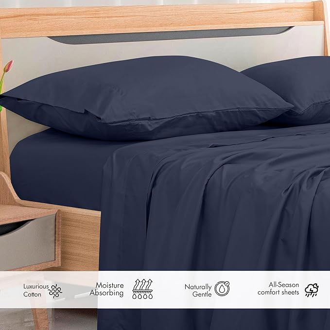 Royale Linens 300 Thread Count 100% Long Staple Combed Cotton Flat Sheet - Super Soft - Top Sheets - King Flat Sheet Sold Separately - Breathable, Cool & Crisp Percale Sheets Only (King, Navy)