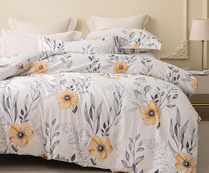 Queen Size Duvet Cover Set with Button Closure - Black and Yellow Botanical Luxury Bedding for a Comfortable Sleeping