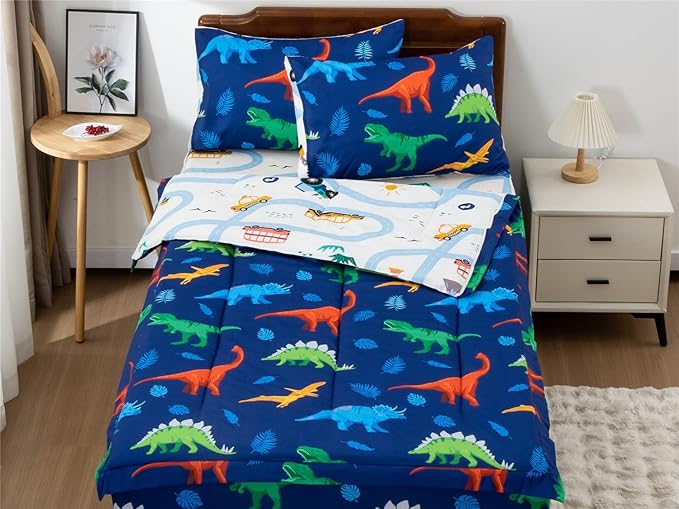 NTBED Dinosaur Printed Zipper Bedding Sets Twin Lightweight Microfiber Leaf Comforter Set with Fitted Sheet Pillow Covers,Blue