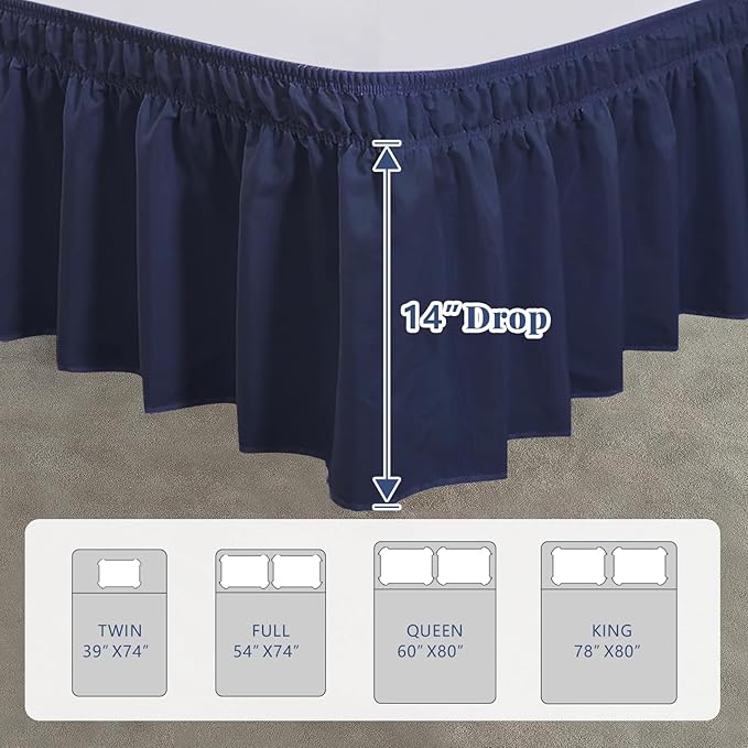 Twin Bed Skirt, Elastic Wrap Around Bed Skirt Twin Size, Bed Skirts for Adjustable Bed, Easy Fit with 14" Drop Length Tailored Drop Dust Ruffle (Navy)
