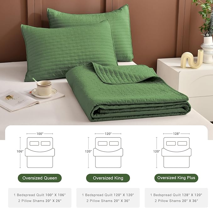 Lady Ann Oversized Queen Quilt Set,3 Pcs Olive Green Oversized Queen Bedspreads 100x106 for Bed, Lightweight & Soft Farmhouse Coverlet All Season Extra Large Quilted Bedding Sets