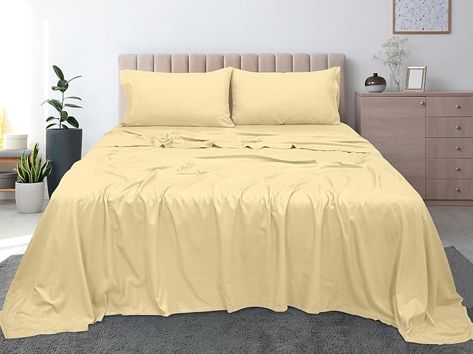 Royale Linens 300 Thread Count 100% Long Staple Combed Cotton Flat Sheet - Super Soft - Top Sheets - Full Flat Sheet Sold Separately - Breathable, Cool & Crisp Percale Sheets Only (Full, Light Yellow)
