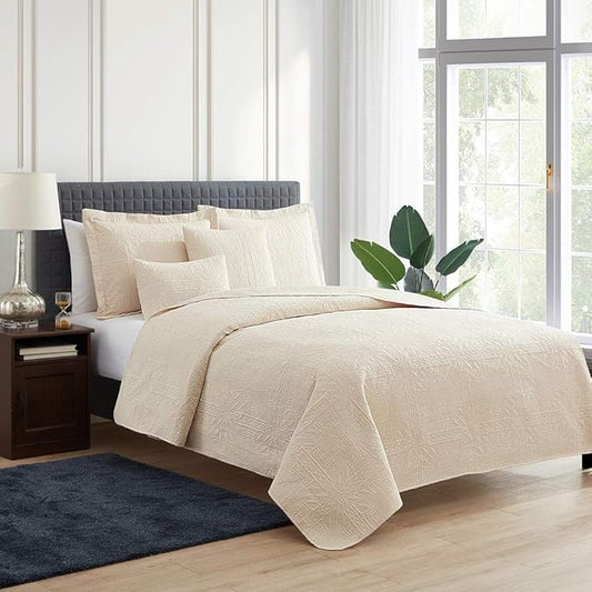 Hearth & Harbor Quilts Queen Size - All Season Bedspread Coverlet Set, Pinsonic Weave Lightweight Bedding Set - 7 Piece Queen Quilt Set with Pillow Shams, Grid - Cream