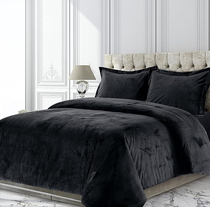 Black 3 Pieces Velvet Comforter Set Perfect Oversized King Size (Comforter + 2 Pillowcases) Crinkle Crushed 400 GSM