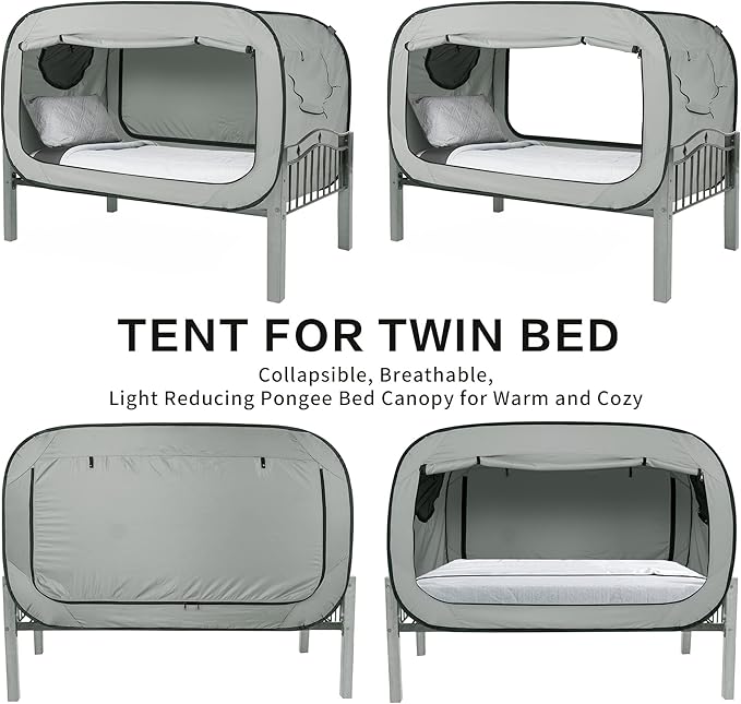 Bed Tent Twin Bed Canopy Portable Dream Tent for Adult Indoor Sleeping Tents with 2 Doors Breathable Private Space Tents, Grey