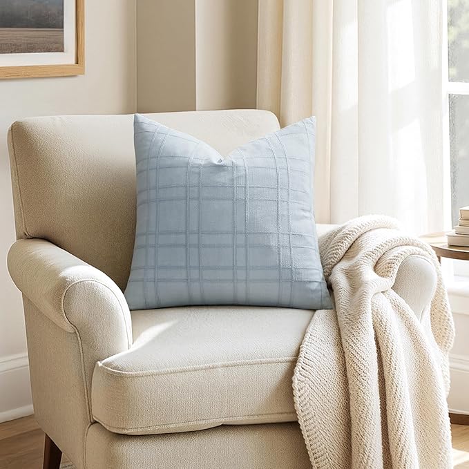 MIULEE Decorative Linen Check Throw Pillow Covers Neutral Farmhouse Vintage Pillow Covers 16x16 Set of 2 Boho Modern Home Decor for Sofa Couch Bedroom Cushion Coastal Blue