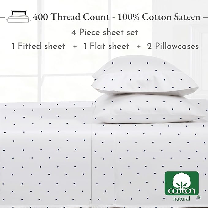 California Design Den Printed King Size Sheets Set - 400 Thread Count, Soft Sateen, Natural 100% Cotton Sheets, Deep Pockets, and Durable Bedding Set - Polka Dot