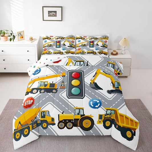 Cartoon Construction Excavator Bedding Set for Kids Boys Children Vehicles Truck Car Comforter Decor Machinery Bulldozer Crane Style Comforter Set Nursery Duvet Set Twin Size Bedspreads Coverlet Sets