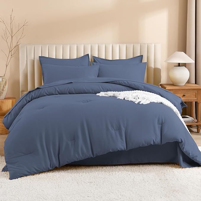 Litanika Queen Comforter Set Bluish Grey - 7 Pieces Bed in a Bag Queen Bedding Comforter Sets, Solid Lightweight Bed Set with Comforter, Sheets, Pillowcases & Shams