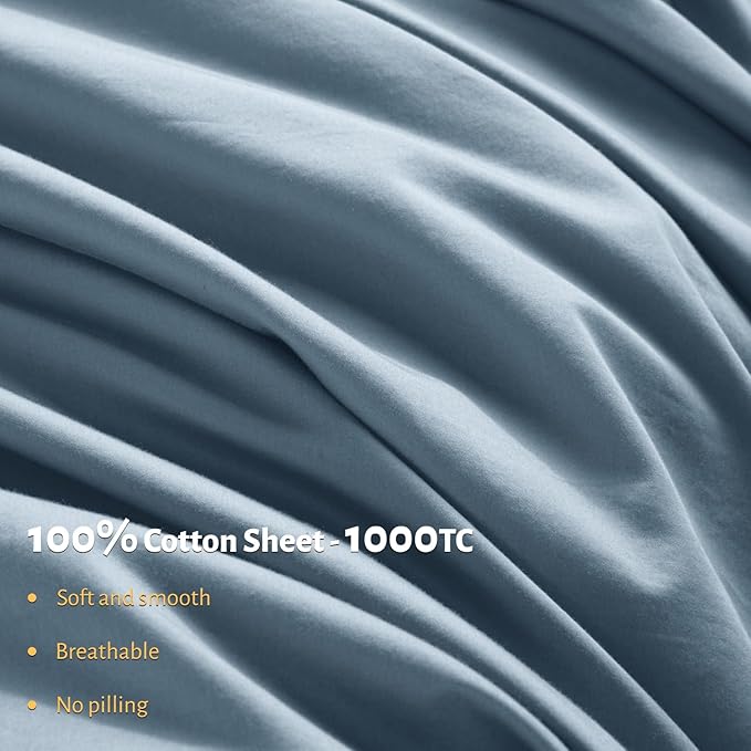 Shilucheng 100% Egyptian Cotton Queen Size Sheets Set - 1000 Thread Count，Luxury Cotton Bed Sheets，Breathable & Cooling Bedding and Pillow Cases, 16 Inch Deep Pocket - 6 Piece (French Blue, Queen)