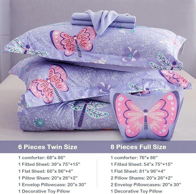 Mooreeke Kids Twin Comforter Sets for Girls 6 Pieces Butterfly Purple Bedding Set for Teens Soft Microfiber Kids Bed in A Bag with Comforter, Sheet Set, Shams and Decorative Toy Pillow All Season