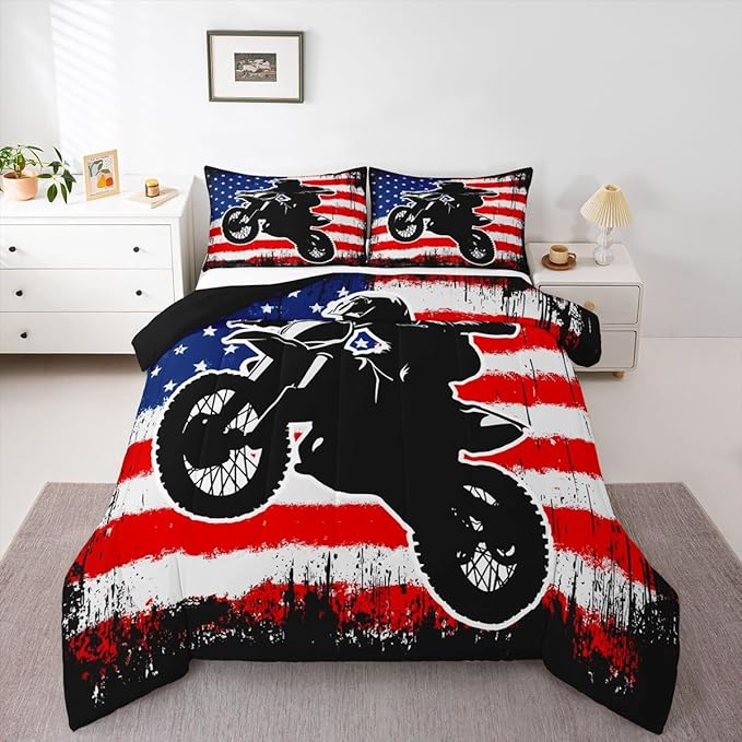Dirt Bike Comforter Set Full Motocross Comforter Retro American Flag Bedding Set for Kids Boys Teens Men Grunge Room Decor,Extreme Sports Tie Dye Bed Set Motor Biker Motorcycle Quilt Duvet Set 3 Pcs