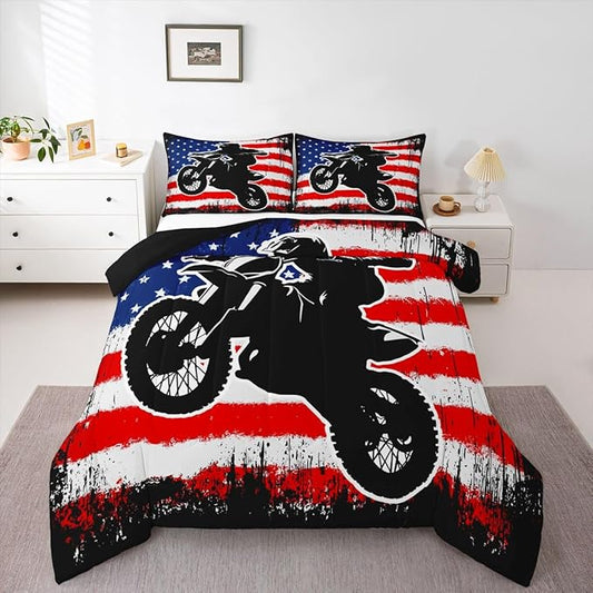 Dirt Bike Comforter Set Full Motocross Comforter Retro American Flag Bedding Set for Kids Boys Teens Men Grunge Room Decor,Extreme Sports Tie Dye Bed Set Motor Biker Motorcycle Quilt Duvet Set 3 Pcs