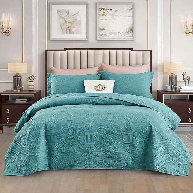 CHIXIN Quilt Twin Size - Damask Paisley Bedspread Coverlet Set - Classic & Gorgeous Style Bedding Cover, Ultrasonic Quilting, Reversible, Lightweight, 4 Piece, Lagoon