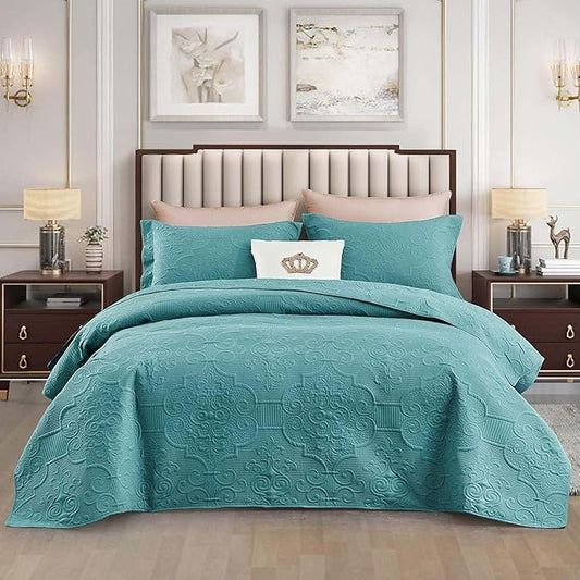 CHIXIN Quilt Twin Size - Damask Paisley Bedspread Coverlet Set - Classic & Gorgeous Style Bedding Cover, Ultrasonic Quilting, Reversible, Lightweight, 4 Piece, Lagoon