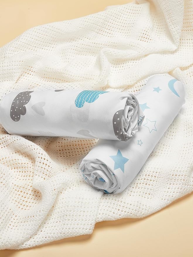 TILLYOU Baby Crib Sheets for Boys Girls, Super Soft Toddler Bed Sheets, 2 Pack Sheets for Standard Crib Mattress 28x52in, Blue Clouds and Stars