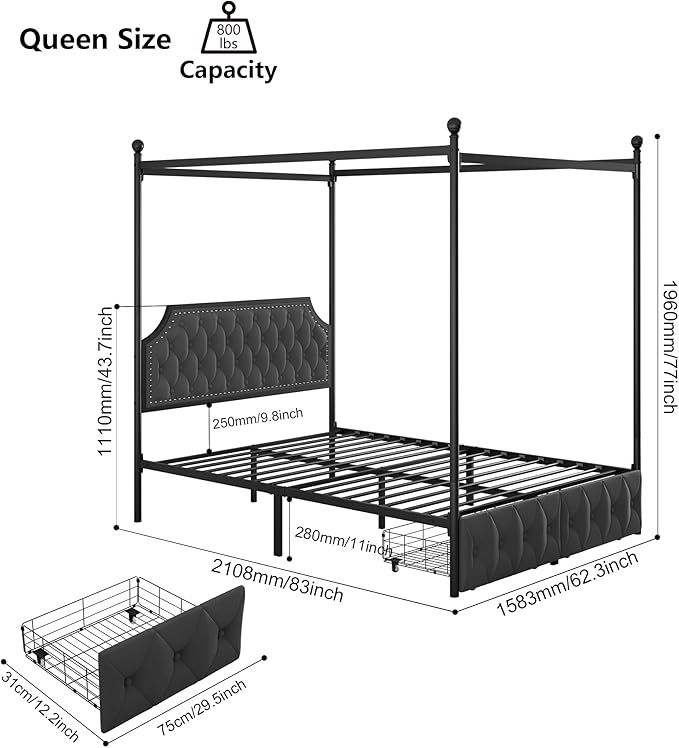 Keyluv Queen Upholstered Canopy Bed Frame with 2 Drawer and Button Tufted Headboard Metal Platform Bed with 4 Removable Posts Two-Purpose Velvet Bed No Box Spring Needed Dark Grey/Curtain Not Included