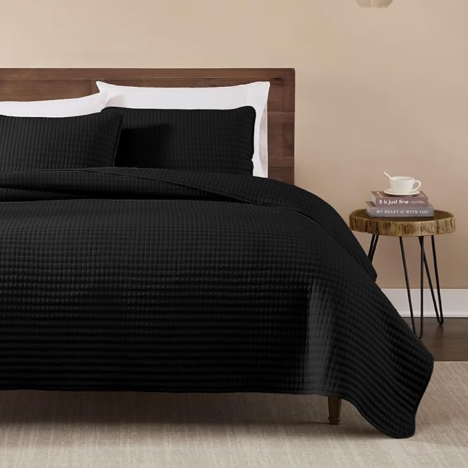 WRENSONGE Queen Quilt-3 Pieces Lightweight Bedspreads Black Queen Size Quilt Bedding Set for All Seasons, Soft Summer Coverlet with 2 Pillow Shams Suitable for Bed, Couch